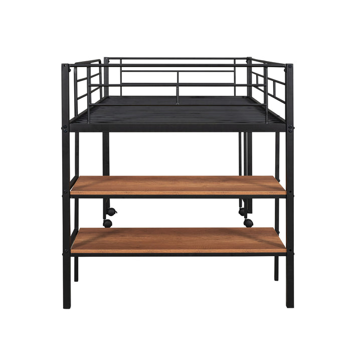 Twin Size Loft Bed With Desk And Shelves - Black