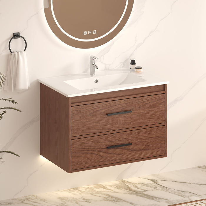 Wall Mounting Bathroom Vanity With Soft Close 2 Drawer, Sink - Reddish Brown Home Essentials