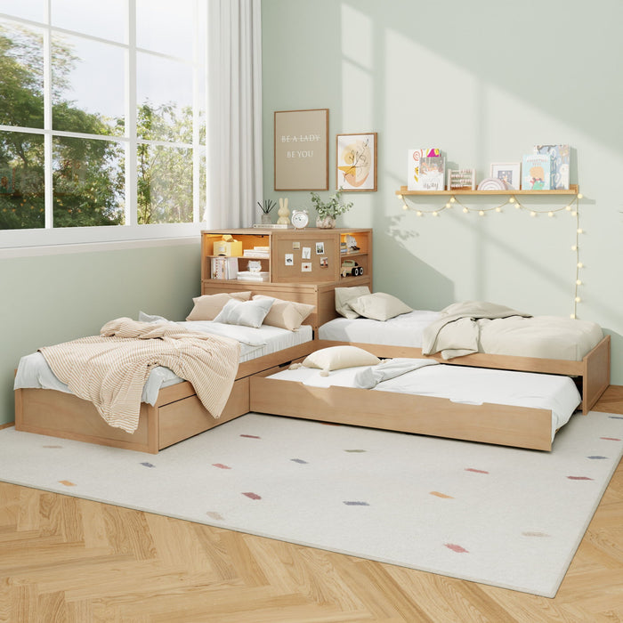 L-Shaped Bed Frame With Trundle, Built In Desk & LED Lighting Hearth and Haven