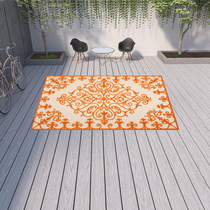 10' X 13' Non Skid Indoor / Outdoor Area Rug - Orange Damask