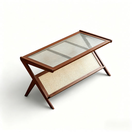 Rattan Coffee Tables For Living Room, Mid Century Modern Coffee Table With Glass Top, Large Boho Center Table With Storage - Brown Home Essentials