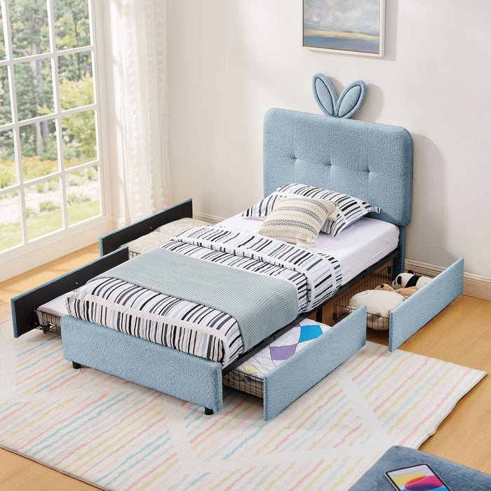 Upholstered Bed With Oversized Rabbit Ear Headboard, LED Lights & 4 Storage Drawers Home Essentials