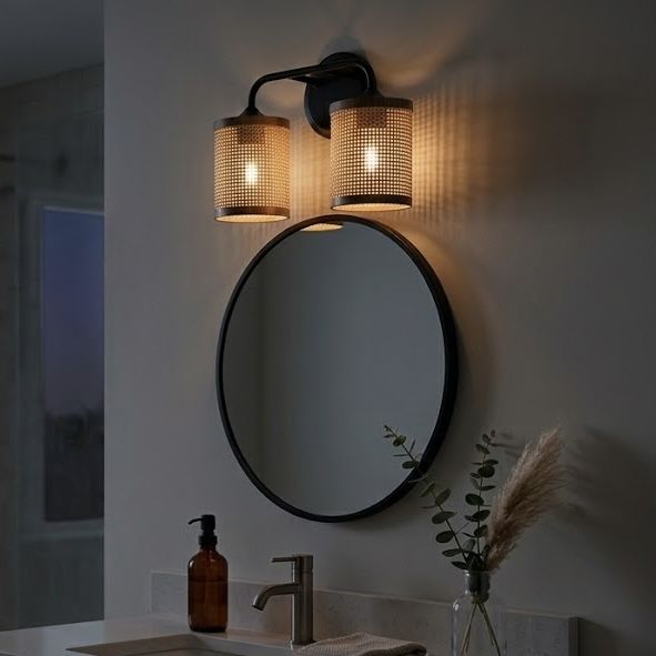 Quell - Double Light Vanity With Natural Shade Wall Lamp - Black / Rattan Ashcroft Furniture