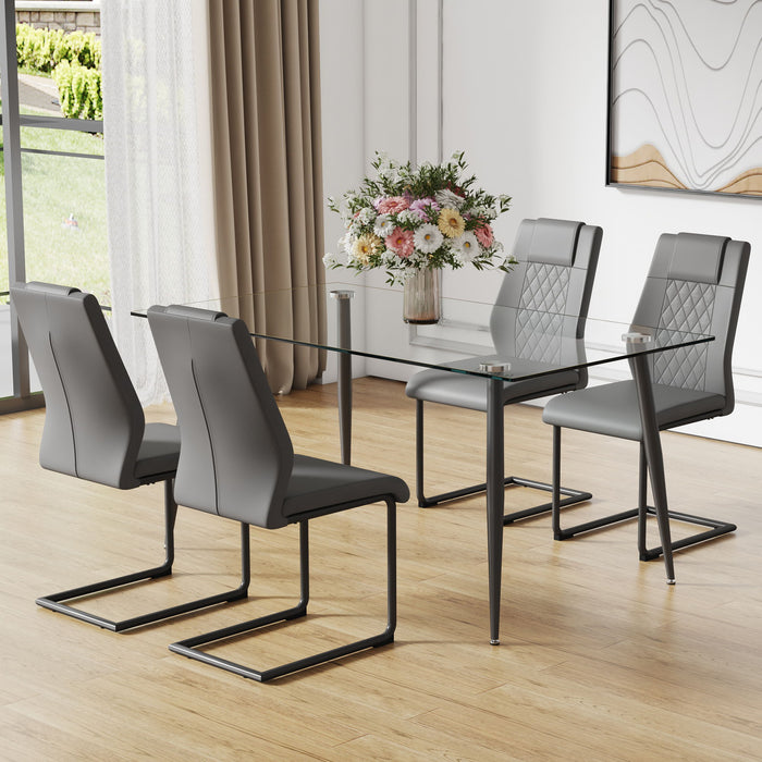 1 Table And 4 Chairs Set, Rectangular Table With Transparent Tabletop And Black Metal Legs, Paired With 4 Chairs With PU Leather Cushioned Seats And Black Metal Legs - Transparent - Glass / Metal