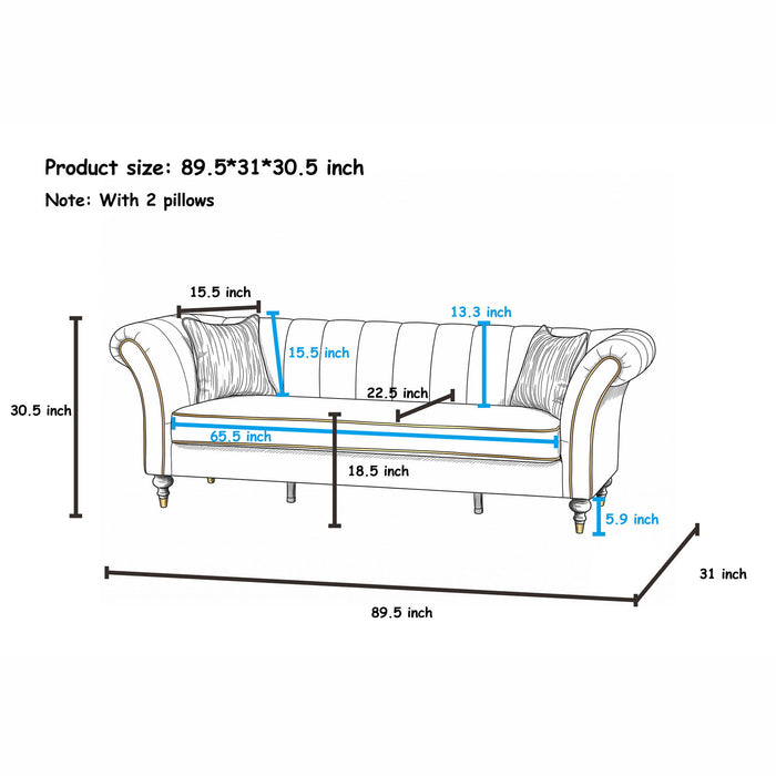 3 Seater Sofa With Rolled Arms, Vertical Channel Tufted Backrest Home Essentials