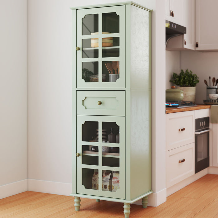 Storage Cabinet, Freestanding Curio Cabinet With Grid Doors & Drawer, Pantry Display Cabinet For Kitchen Home Essentials