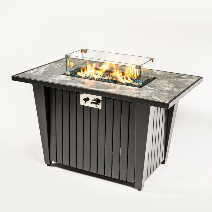 Morden Steel Fire Pit Table With Marble Tile Tabletop, Glass Wind Guard And Lid Patioseek