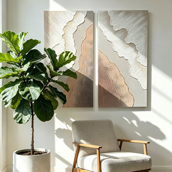 Abstract Wall Art, Textured Canvas Painting With Accents, Decor For Living Room (Set of 2) - Antique Brown+White Daily Nest