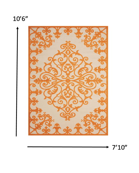 8' X 11' Damask Indoor / Outdoor Area Rug - Orange / Ivory