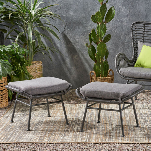 Outdoor Modern Boho Wicker Ottoman With Cushions (Set of 2) Noble House