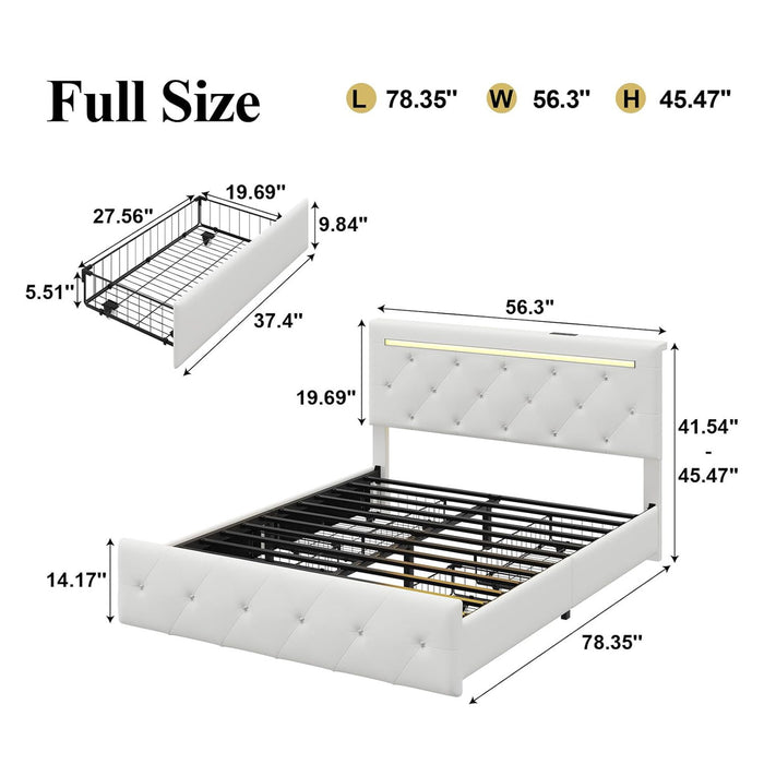 Upholstered Bed Frame With LED Lights, 4 Storage Drawers, Charging Station Home Essentials