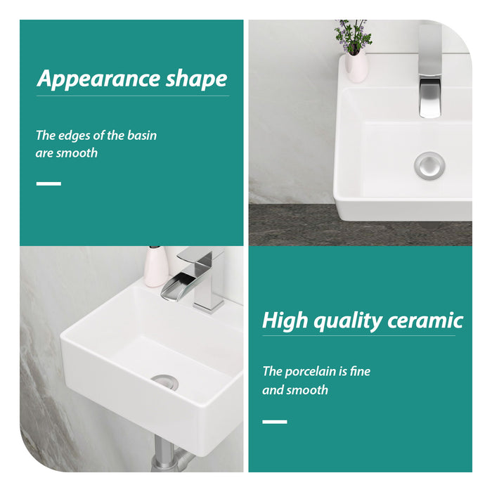13.6X11.6" White Ceramic Rectangle Wall Mount Bathroom Sink With Single Faucet Hole