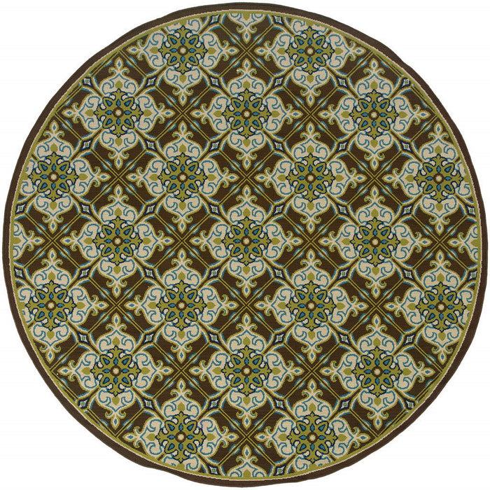 8' X 8' Round Floral Stain Resistant Indoor / Outdoor Area Rug - Brown / Ivory