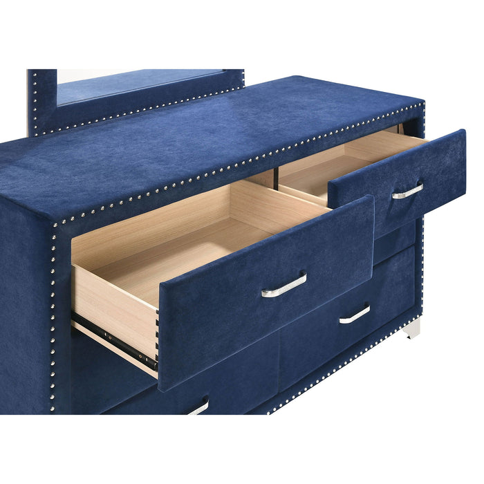 6 Drawer Upholstered Dresser With Mirror - Blue Furniture Max