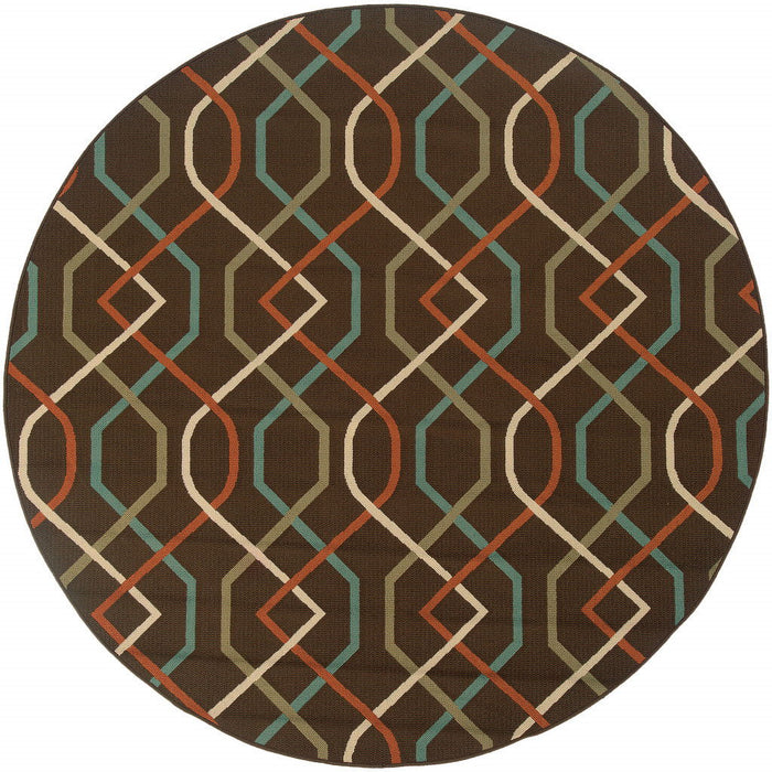 8' X 8' Round Geometric Stain Resistant Outdoor / Indoor Area Rug - Brown / Ivory