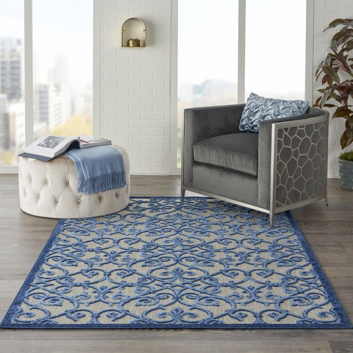 4' X 6' Floral Outdoor & Indoor Area Rug - Blue / Gray