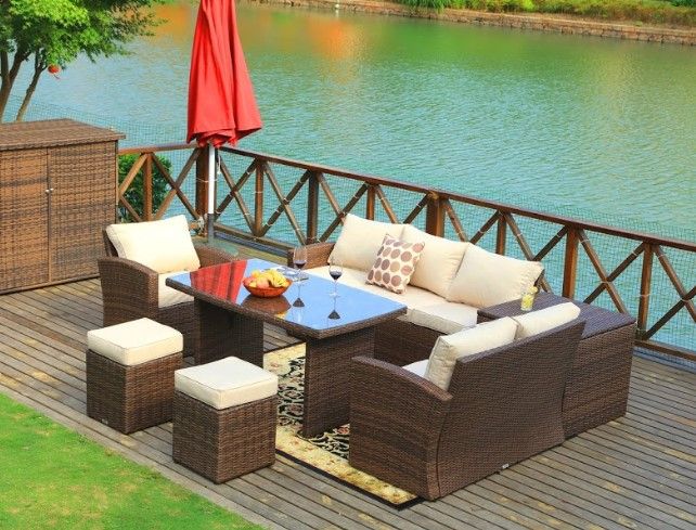 Piece Steel Outdoor Sectional Sofa Set With Ottomans And Storage Box - Brown