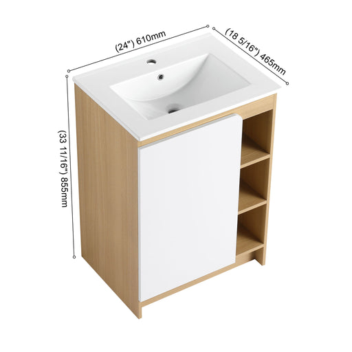 Freestanding Bathroom Vanity With Thin Rim Sink, Single Door With 4 Tier Open Shelves - Light Oak / White Home Essentials