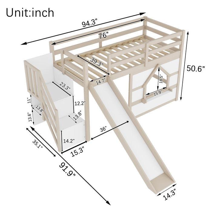 Loft Bed With Storage Stairs, Slide, Playhouse Window And 7 Colors LED Lights Home Essentials
