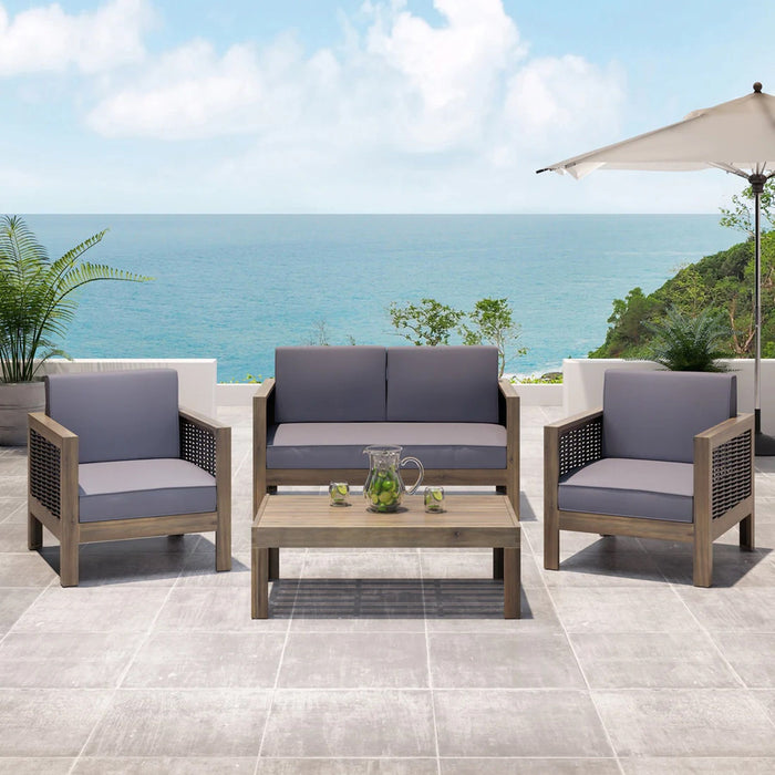 Outdoor 4 Seater Acacia Wood Chat Set With Wicker Accents And Cushions, Gray / Mixed Gray / Dark Gray