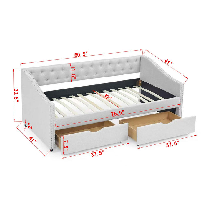 Upholstered Tufted Daybed With 2 Drawers, Waved Arms Home Essentials