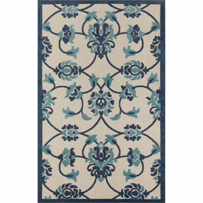 4' X 6' Floral Non Skid Indoor / Outdoor Area Rug - Blue