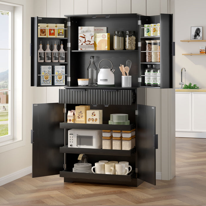 Fluted Kitchen Pantry Cabinet With 3 Keyboard Drawers & 6 Adjustable Door Shelves Home Essentials
