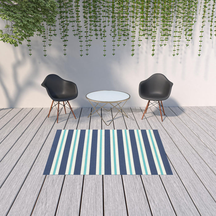 5' X 8' Geometric Stain Resistant Area Rug Outdoor & Indoor - Ivory / Blue