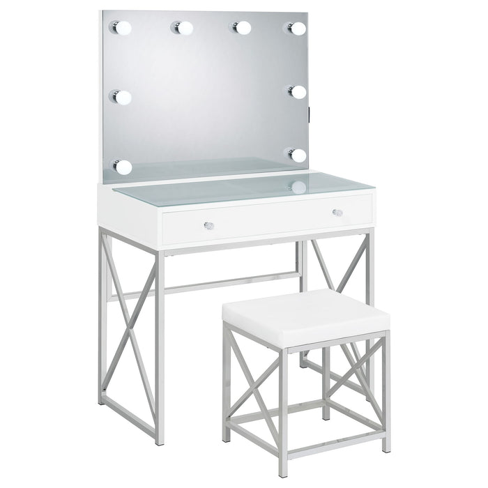 Hamlin - Makeup Vanity Table With Lighted Mirror And Padded Stool - White Furniture Max