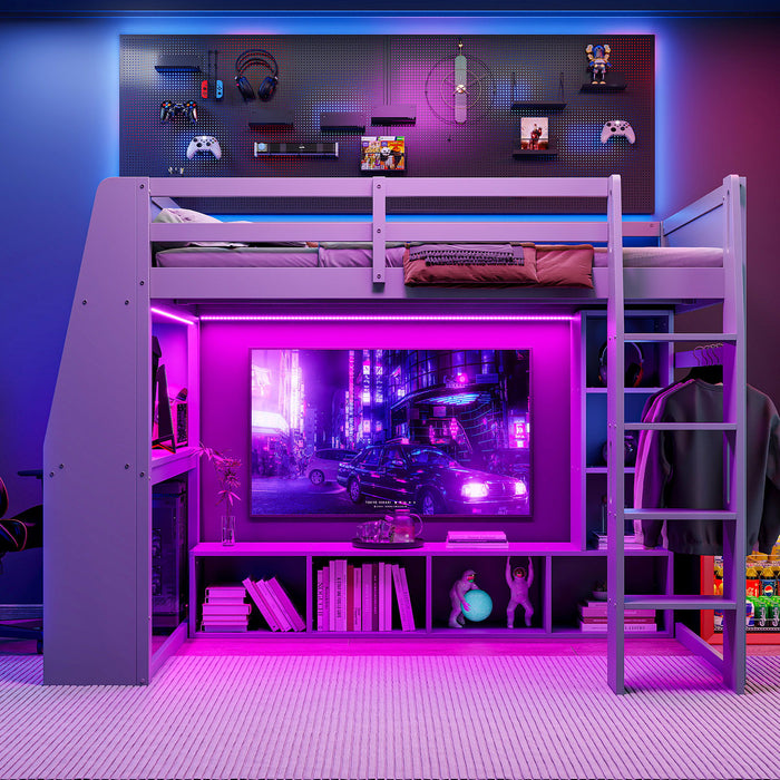 Gaming Loft Bed With Desk, Multi Storage Shelves, LED Lighting, And Hanging Clothes Rack Hearth and Haven