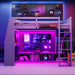 Gaming Loft Bed With Desk, Multi Storage Shelves, LED Lighting, And Hanging Clothes Rack Hearth and Haven