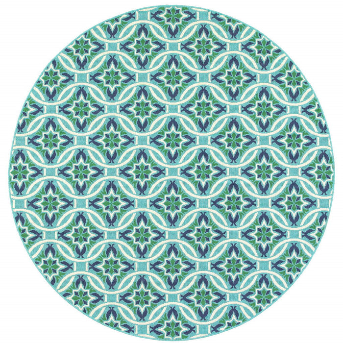 8' X 8' Round Geometric Stain Resistant Indoor & Outdoor Area Rug - Blue / Green