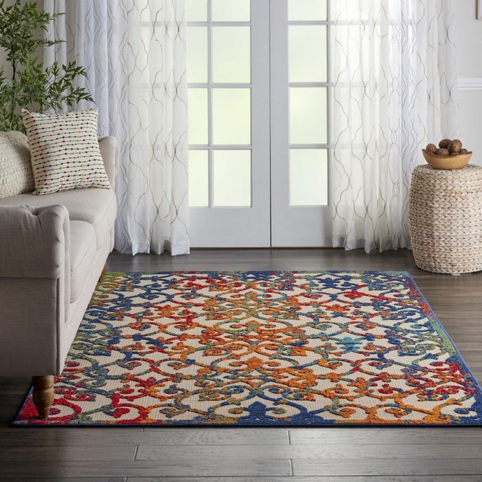 4' X 6' Floral Area Rug Indoor & Outdoor - Blue / Ivory