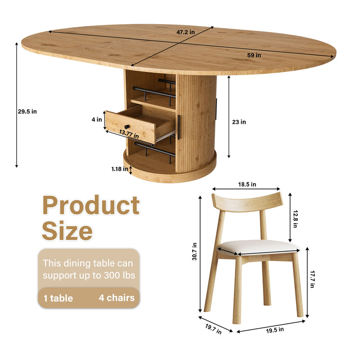 Extendable Oval Dining Table Set With 4 Cushioned Chairs, 2 Tier Storage - Oak Home Essentials