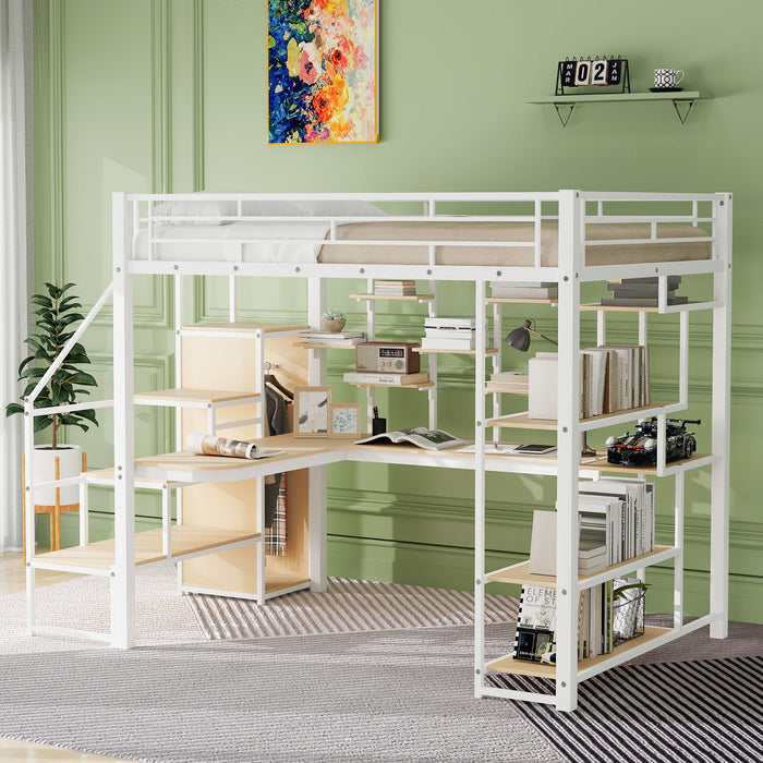 Full Size Metal Loft Bed With Storage Staircase And Small Wardrobe, Built - In Desk And Storage Shelves - White