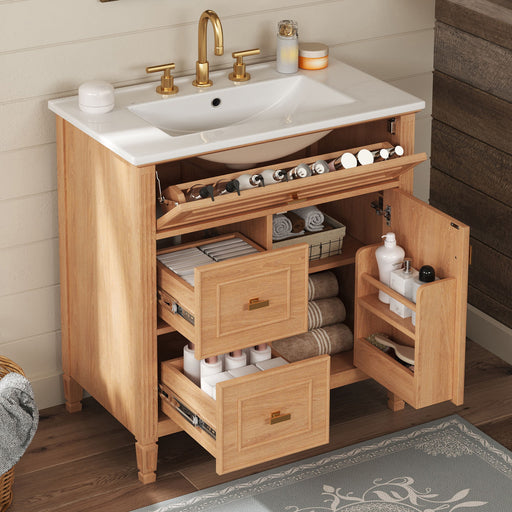 Bathroom Vanity With Sink, Flip Drawer & Adjustable Shelf - Natural Hearth and Haven