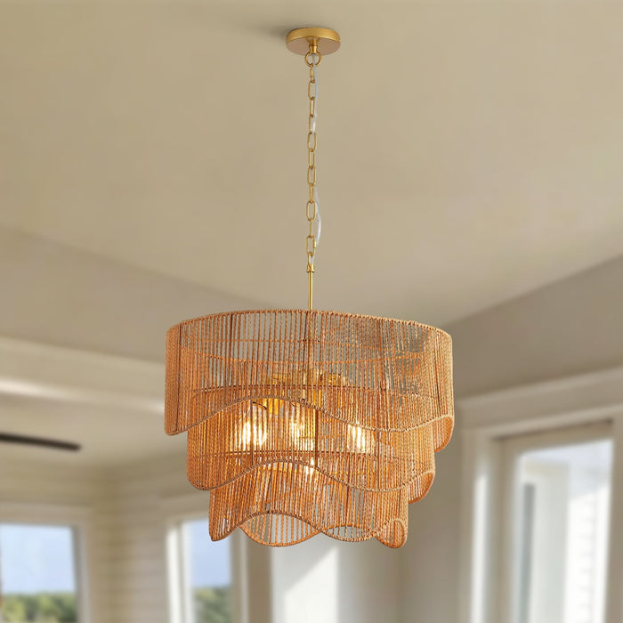 Chandelier With 7 Light E26 Base, Adjustable Height Wave Pendant Light For Living Room - Gold Daily Nest