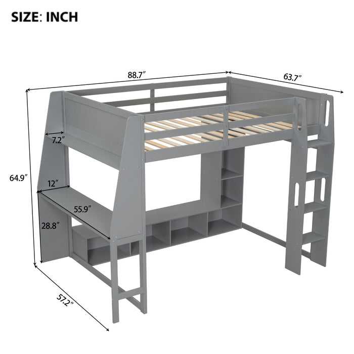 Gaming Loft Bed With Desk, Multi Storage Shelves, LED Lighting, And Hanging Clothes Rack Hearth and Haven
