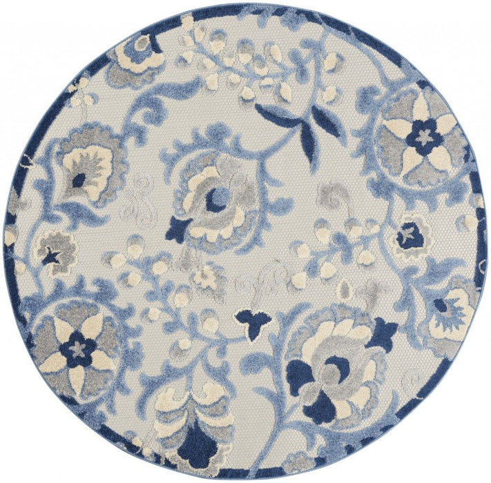 4' Round Round Floral Outdoor & Indoor Area Rug - Blue / Gray