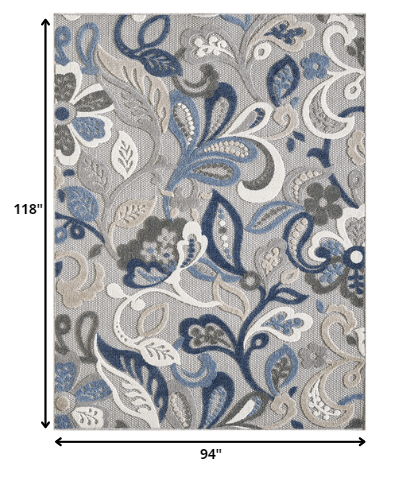 8' X 10' Floral Stain Resistant Indoor / Outdoor Area Rug - Blue / Gray