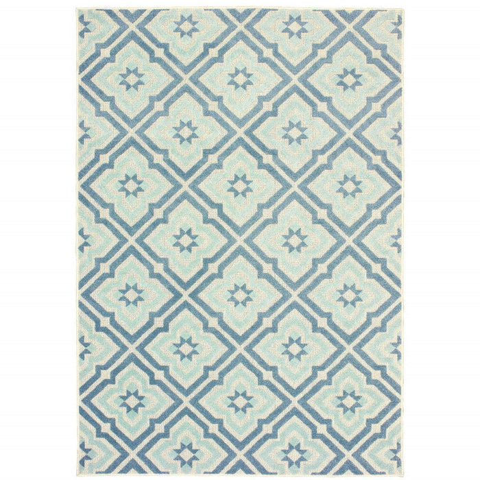 10' X 13' Geometric Stain Resistant Indoor / Outdoor Area Rug - Blue / Ivory