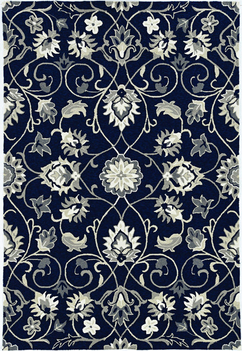 2' X 3' Hand Hooked UV Treated Floral Vines Indoor / Outdoor Accent Rug - Navy Blue