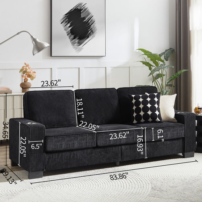 Modern Corduroy Fabric Sofa, 3 Seater Compressed Couch With Cup Holders