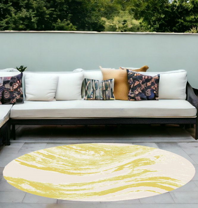 8' Machine Woven Abstract Waves Round Indoor / Outdoor Area Rug - Gold Ivory