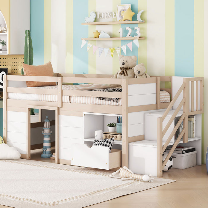 Low Loft Bed With Stair, Drawer, And Shelf Home Essentials