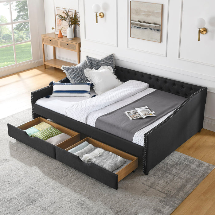 Upholstered Tufted Daybed With 2 Drawers, Waved Arms Home Essentials