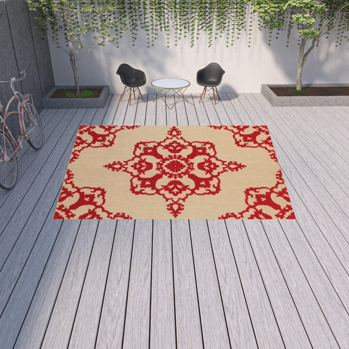 10' X 13' Oriental Stain Resistant Indoor / Outdoor Area Rug - Red