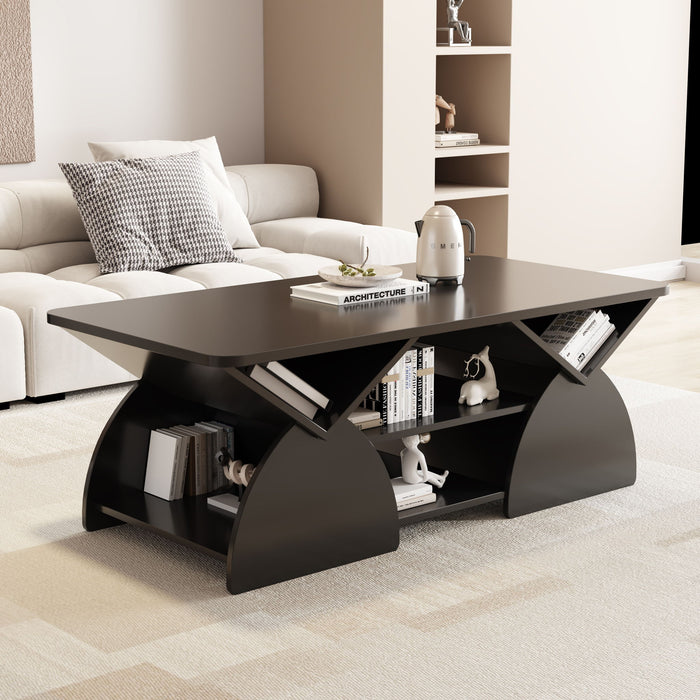Geometric Engineered Coffee Table With Rounded Corners With Open Shelves Home Essentials