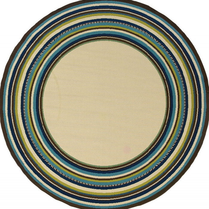 Round Striped Indoor / Outdoor Area Rug - Ivory / Blue