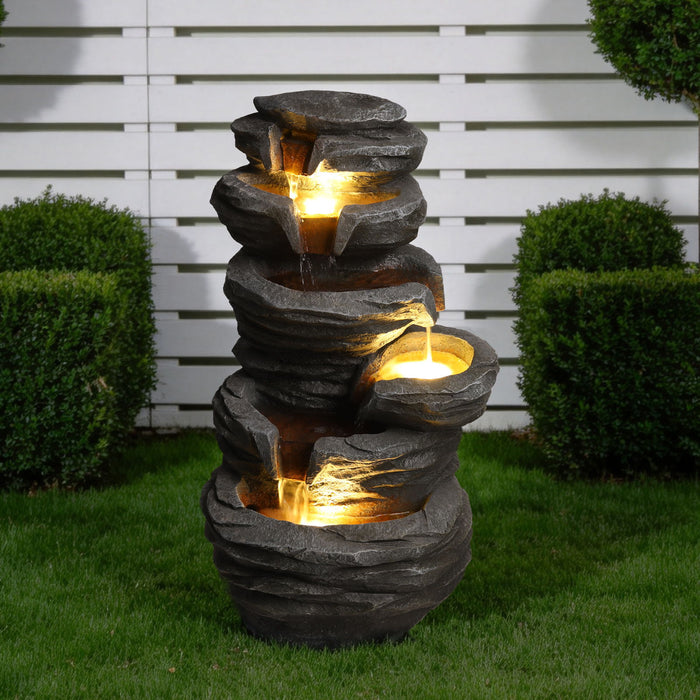 Outdoor Waterfall Fountain With LED Lights For Patio - Gray Daily Nest